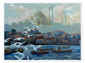 Wall print Fishermen on the Bosphorus with Suleyman&#039;s Mosque, Istanbul