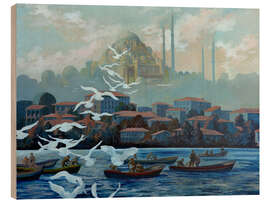 Tableau en bois Fishermen on the Bosphorus with Suleyman's Mosque, Istanbul