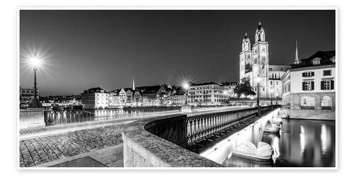 Poster Zürich mit dem Grossmünster bei Nacht