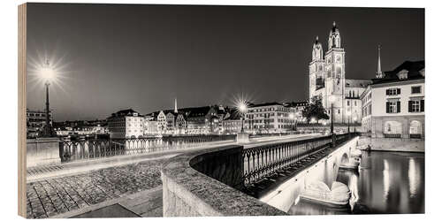 Wood print Zurich with the Grossmünster at night