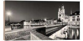 Wood print Zurich with the Grossmünster at night - Dieterich Fotografie