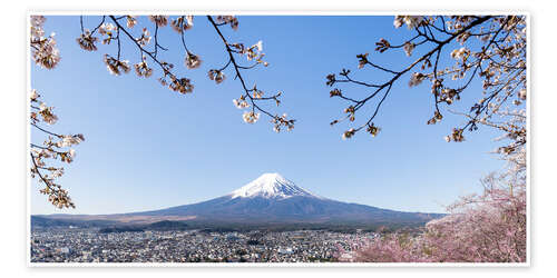 Poster Panoramic view of Mount Fuji during cherry blossom season