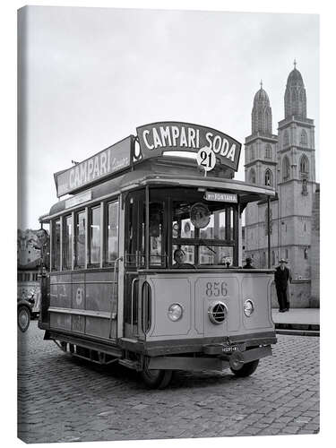 Tableau sur toile Campari tram in front of the Waldmann statue, Zurich