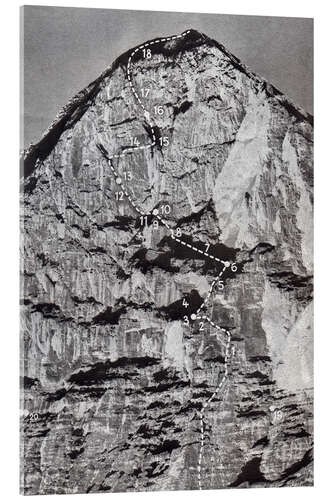 Tableau en verre acrylique Eiger north face, Switzerland, with the route of the first ascent in 1938