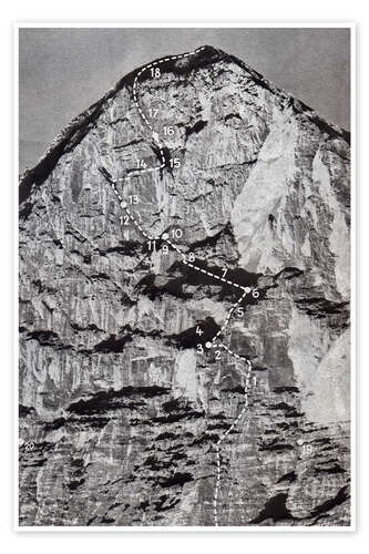 Póster Eiger north face, Switzerland, with the route of the first ascent in 1938