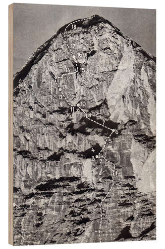 Tableau en bois Eiger north face, Switzerland, with the route of the first ascent in 1938