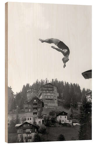 Holzbild Turmspringer Ernst Strupler bei den Schweizer Meisterschaften in Arosa, 1947