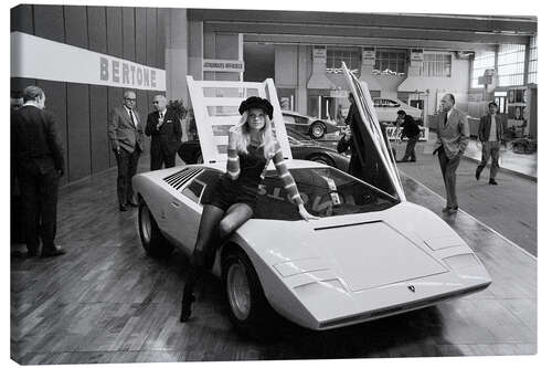 Canvas print A model with Lamborghini Bertone 500 at the Geneva Motor Show, 1971