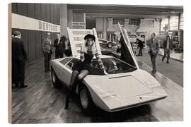 Stampa su legno A model with Lamborghini Bertone 500 at the Geneva Motor Show, 1971