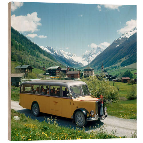 Hout print Postbus line in Lötschental Valley, 1957