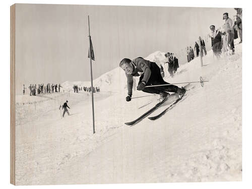 Hout print Otto von Allmen skiis towards the target, 1945