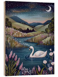 Trätavla Nighttime Swan