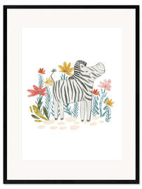 Gerahmter Kunstdruck Zebra und Blumen