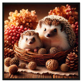 Gerahmter Kunstdruck Igel, Mutter und Baby