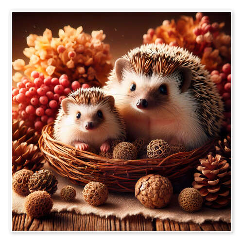 Poster Hedgehogs, mother and baby