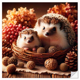 Naklejka na ścianę Hedgehogs, mother and baby