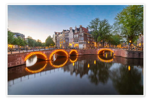 Poster Bridge with lights in Amsterdam, Netherlands