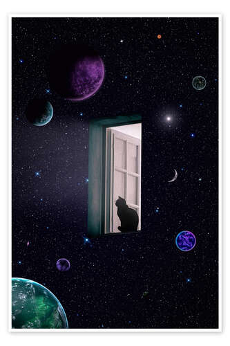 Poster Katze am Fenster zum Universum und den Planeten