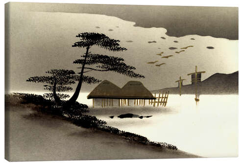 Leinwandbild Japanische Landschaft, Hütten, Boote