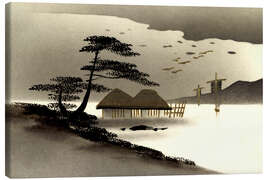 Tableau sur toile Japanese landscape, huts, boats