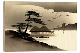 Tableau en bois Japanese landscape, huts, boats