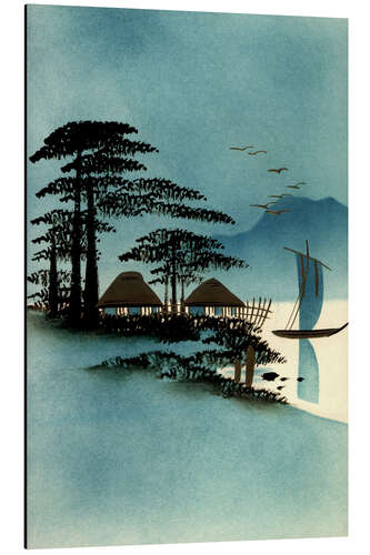 Tableau en aluminium Gold Japanese landscape, boats, huts