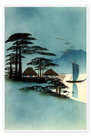 Poster Gold Japanese landscape, boats, huts