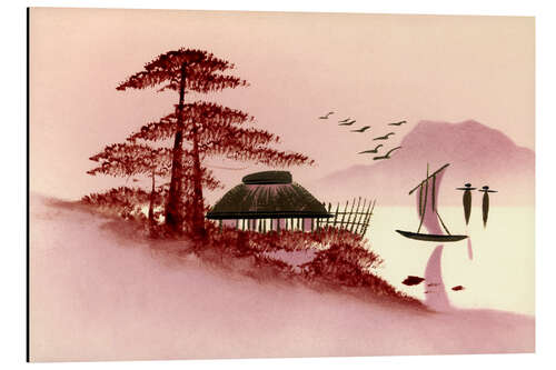 Aluminiumtavla Purple Japanese landscape with boat and lake