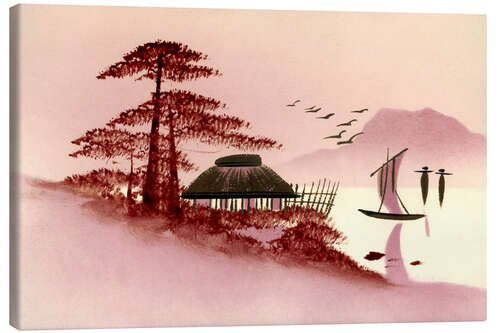 Tableau sur toile Purple Japanese landscape with boat and lake