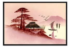 Gerahmter Kunstdruck Lila japanische Landschaft mit Boot und See