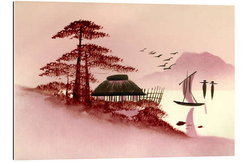 Galleritryk Purple Japanese landscape with boat and lake