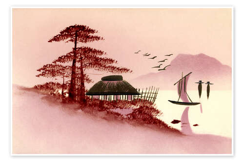 Poster Purple Japanese landscape with boat and lake