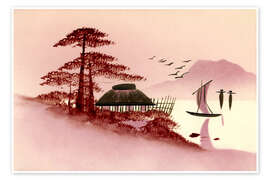 Juliste Purple Japanese landscape with boat and lake