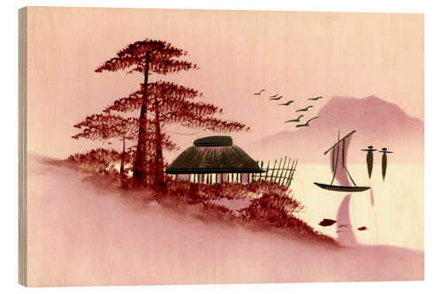 Tableau en bois Purple Japanese landscape with boat and lake