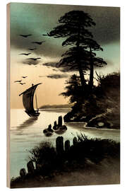 Tableau en bois Japanese landscape, boat