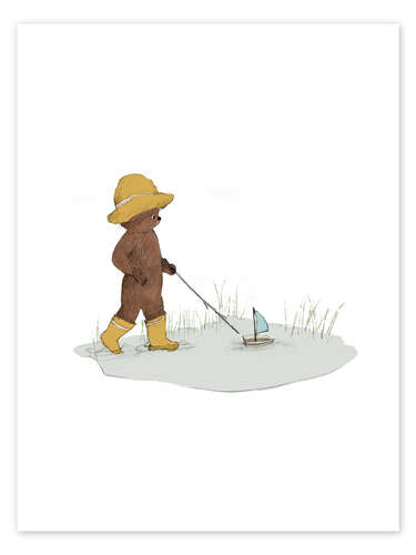 Póster Little bear playing in a rainy day