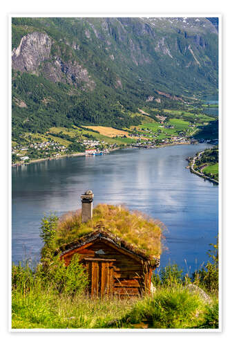 Plakat Alpine hut with a view of Olden in Norway