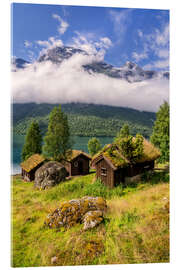 Acrylglasbild Urige Almhütten Breng Seter, See Lovatnet, Norwegen
