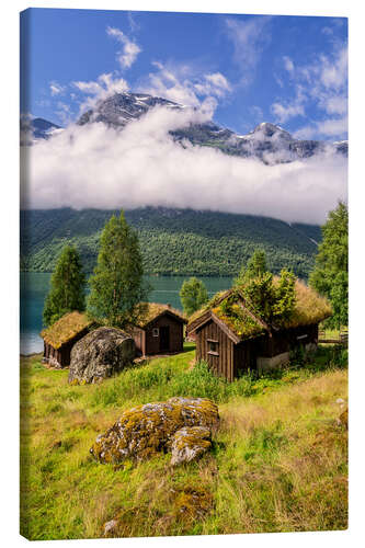 Obraz na płótnie Rustic alpine huts Breng Seter, Lake Lovatnet, Norway