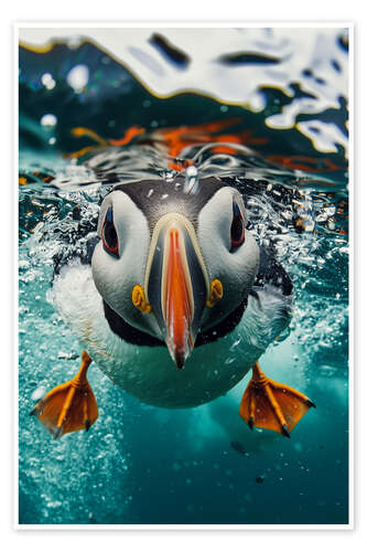 Poster Funny Puffin Underwater