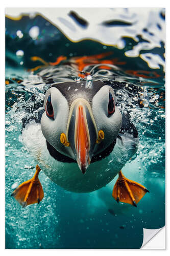 Muursticker Funny Puffin Underwater