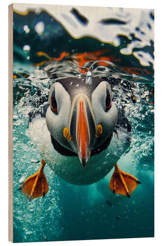 Hout print Funny Puffin Underwater