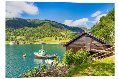 Stampa su vetro acrilico View of the Åkrafjord with fishing boat in Norway