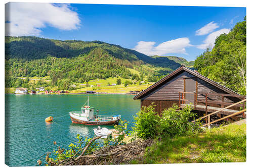 Obraz na płótnie View of the Åkrafjord with fishing boat in Norway