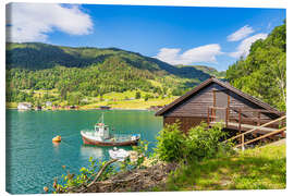 Obraz na płótnie View of the Åkrafjord with fishing boat in Norway - Rico Ködder