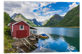 Obraz na szkle akrylowym Fjærlandfsjord and red wooden cabin, Norway - Rico Ködder