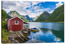 Leinwandbild Fjærlandfsjord und rote Holzhütte, Norwegen - Rico Ködder