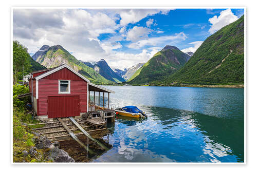 Plakat Fjærlandfsjord and red wooden cabin, Norway