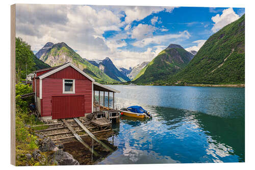 Quadro de madeira Fjærlandfsjord and red wooden cabin, Norway
