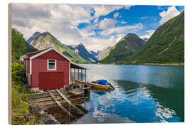 Quadro de madeira Fjærlandfsjord and red wooden cabin, Norway - Rico Ködder